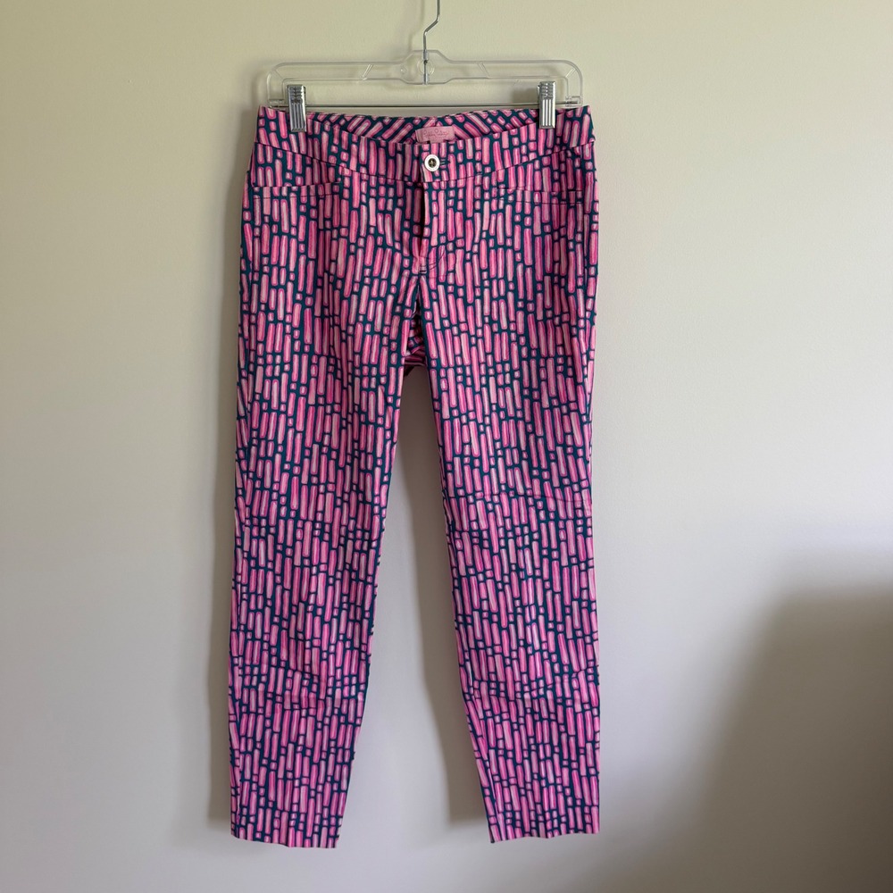 Lilly Pulitzer Kelly Ankle Pant Pink Navy Geometric Print Cotton Stretch Size 4